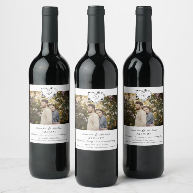 Thanks Floral Heart Wedding Photo Engaged Couple Wine Label (Bottles)