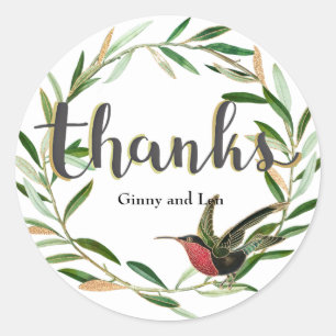 Thanks, floral wreath with bird foil classic round sticker