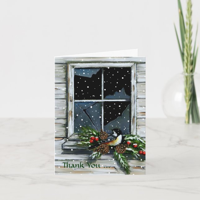 Thanks For Christmas Gift: Bird, Barn Window, Snow Holiday Card (Front)