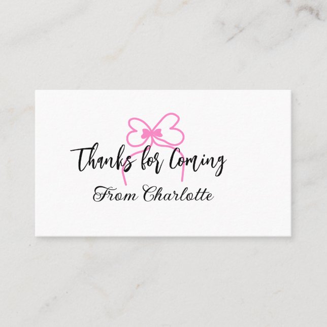 thanks for coming add name text message pink bow f business card (Front)