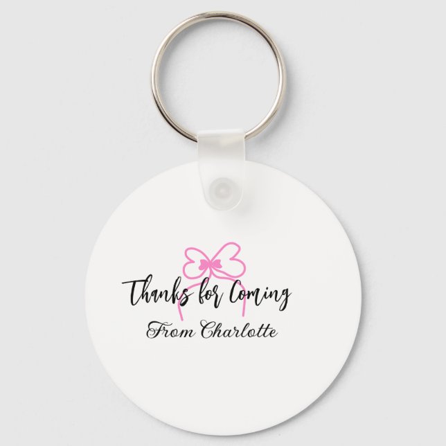 thanks for coming add name text message pink bow f key ring (Front)