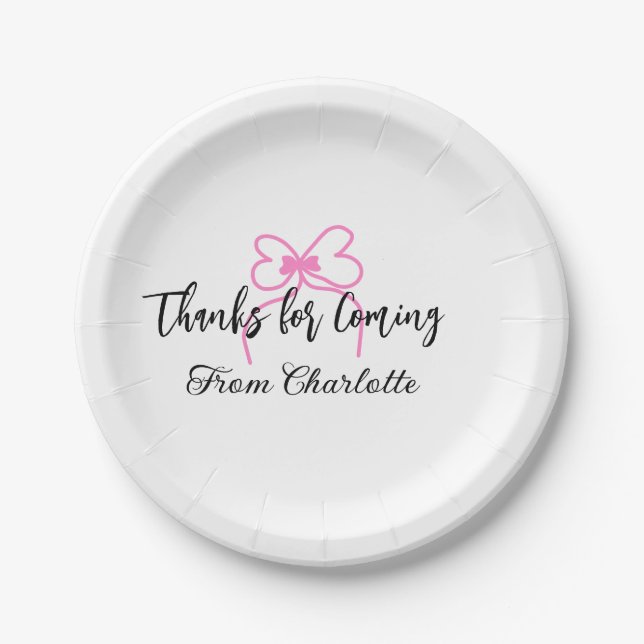 thanks for coming add name text message pink bow f paper plate (Front)