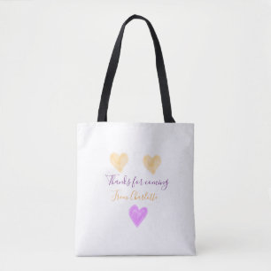 thanks for coming add name text orange purple hear tote bag