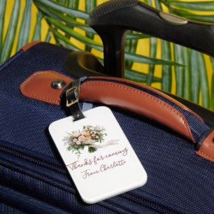 thanks for coming floral bouque green blue name mo luggage tag