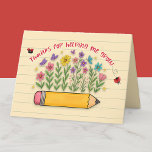 Thanks for Helping Me Grow Teacher Appreciation Thank You Card<br><div class="desc">Let a special teacher know how much they’ve helped you blossom with this beautifully illustrated folded thank-you card. Featuring the heartfelt message “Thanks for helping me grow” in playful script, this design showcases a yellow pencil sprouting colourful hand-drawn flowers and ladybugs—creating a joyful garden of gratitude. Set against a warm,...</div>