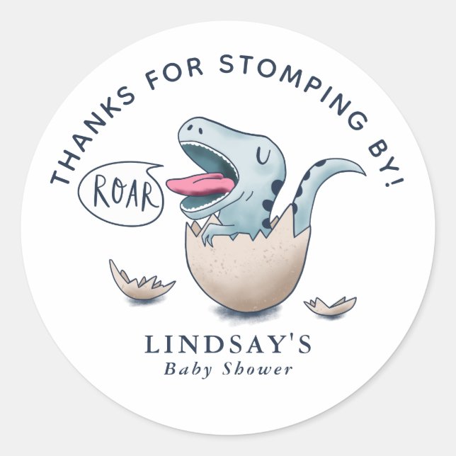 Thanks for Stomping By Dinosaur Baby Shower Blue Classic Round Sticker (Front)