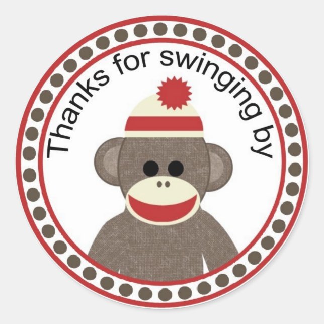 Thanks for swinging by sock monkey round sticker (Front)
