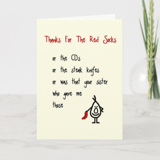 Thanks For The Red Socks - a quirky thank you poem Card (Front)