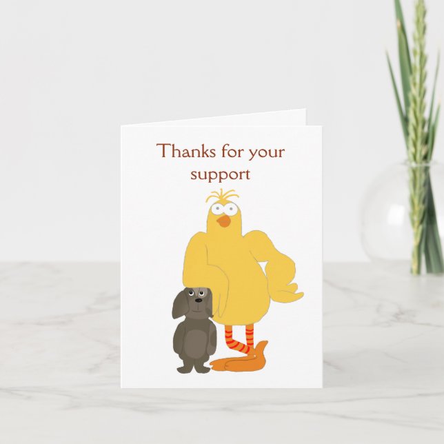 Thanks for Your Support with cartoon bird and dog Thank You Card (Front)