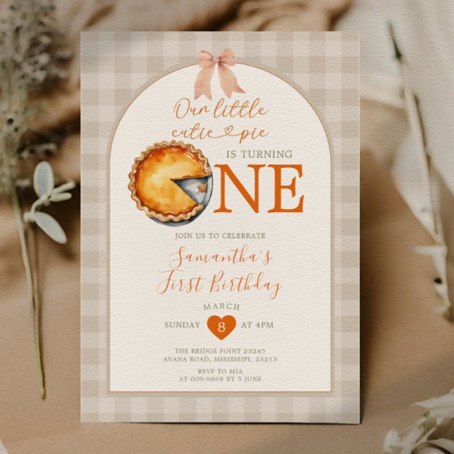 Thanks Giving Cutie Pie Beige Gingham 1st Birthday Invitation (Creator Uploaded)