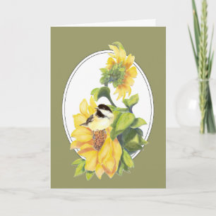 Thanks Greeting Watercolor Chickadee and Sunflower Thank You Card