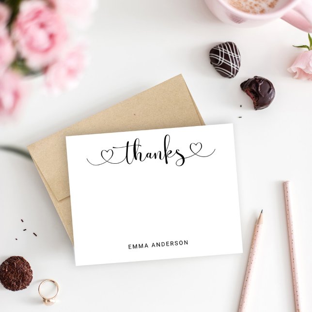 Thanks in Modern Black Heart Script Personalised Thank You Card (Creator Uploaded)