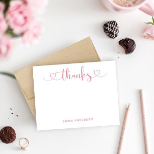 Thanks in Modern Pink Heart Script Personalised Thank You Card