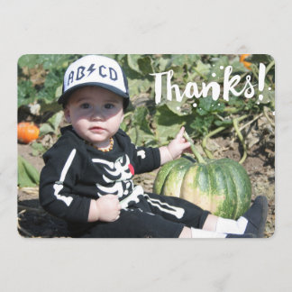 Thanks! in simple white text on custom photo thank you card