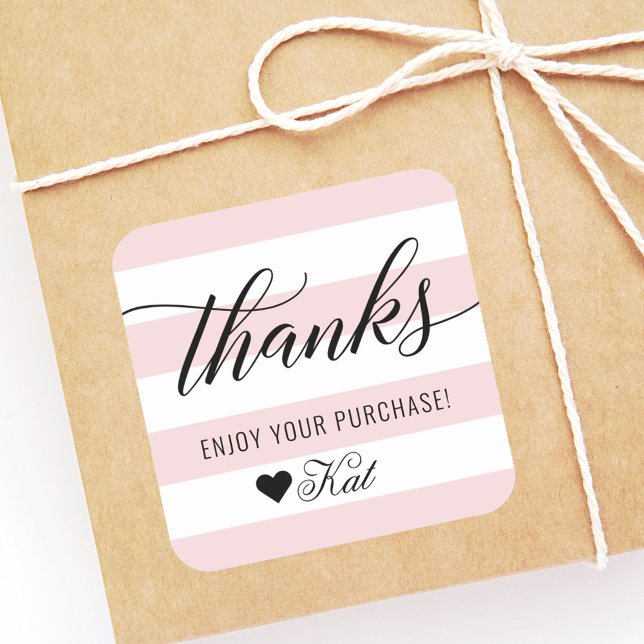 Thanks Modern Black Script Pale Pink Stripes Square Sticker (Creator Uploaded)