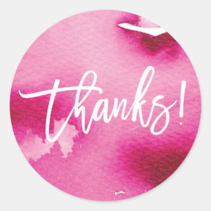 THANKS modern hand lettered dark pink watercolor Classic Round Sticker