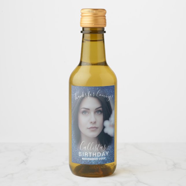 Thanks Navy Blue Glitter Ombre Photo Birthday Wine Label (Front)