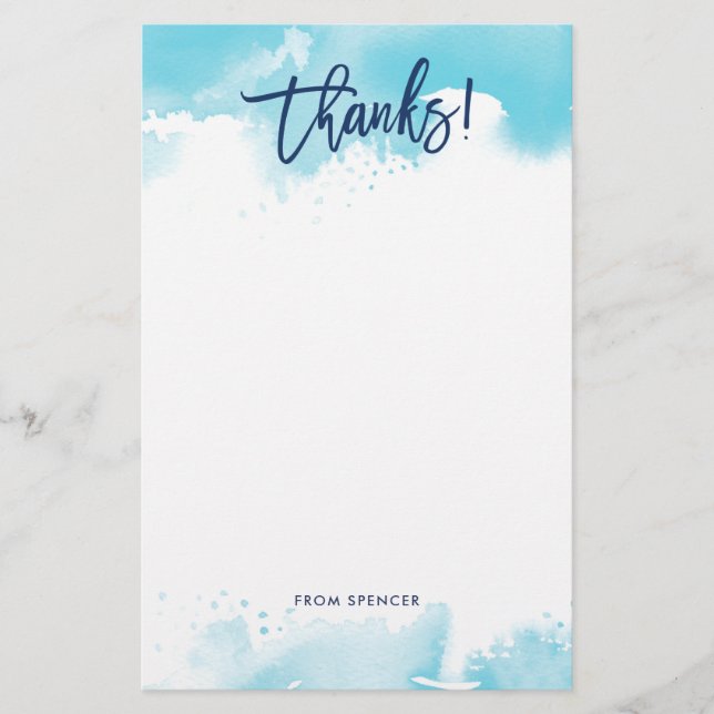 THANKS NOTE modern hand lettered blue watercolor Stationery (Front)