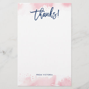 THANKS NOTE modern hand lettered pink watercolor Stationery
