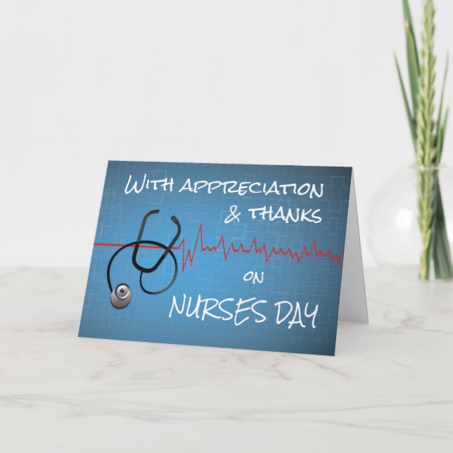 Thanks on Nurses Day Stethoscope and Heartbeat Wav Thank You Card (Front)