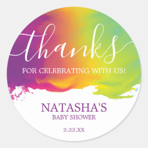 Thanks, Rainbow Watercolor Paint Splatter, Purple Classic Round Sticker