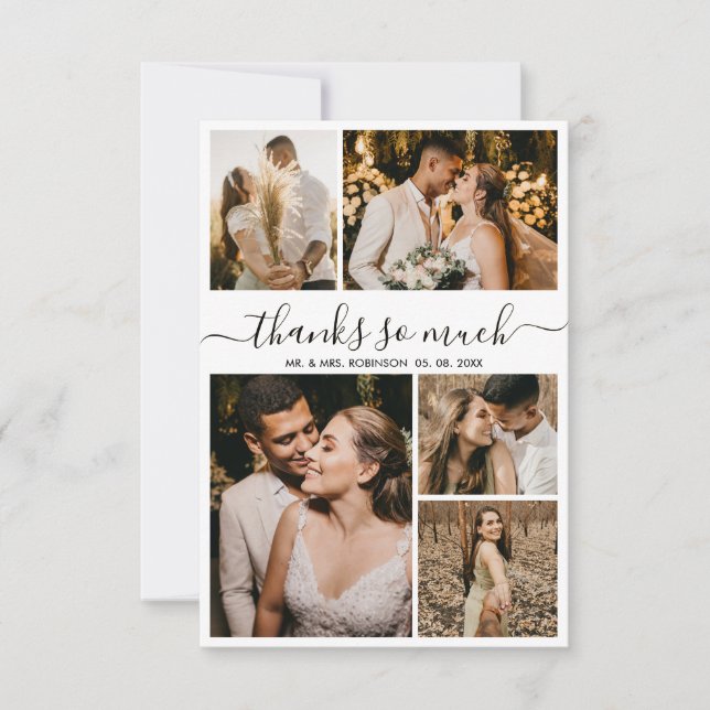 Thanks Script Photo Collage Wedding Thank You Card (Front)