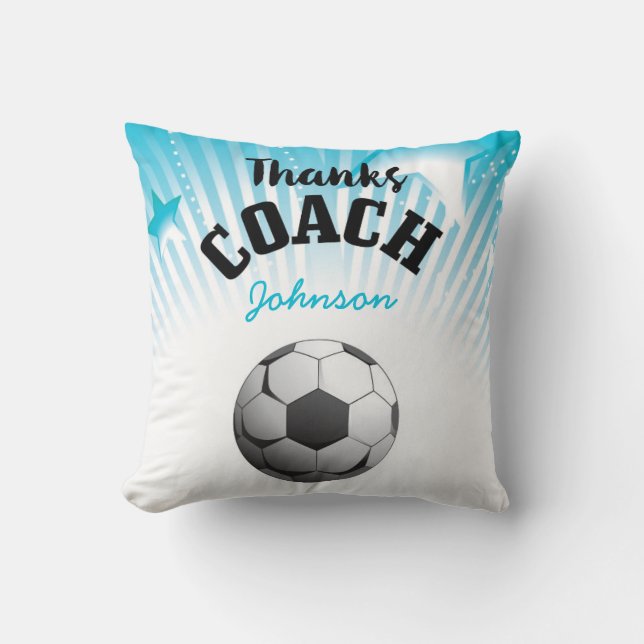 Thanks Soccer Coach Aqua Blue Stars Ball Cushion (Front)