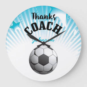 Thanks Soccer Coach Aqua Blue Stars Ball Large Clock