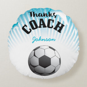 Thanks Soccer Coach Aqua Blue Stars Ball Round Cushion