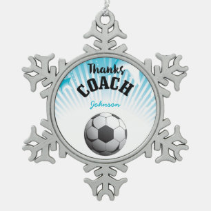 Thanks Soccer Coach Aqua Blue Stars Ball Snowflake Pewter Christmas Ornament
