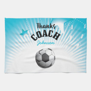 Thanks Soccer Coach Aqua Blue Stars Ball Tea Towel