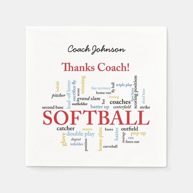 Thanks Softball Coach Words From Group, Team, Red Napkin (Front)