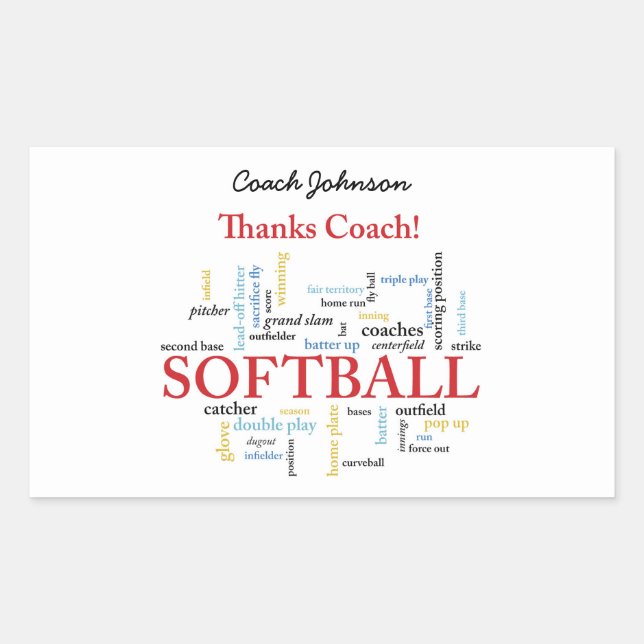 Thanks Softball Coach Words From Group, Team, Red Rectangular Sticker (Front)