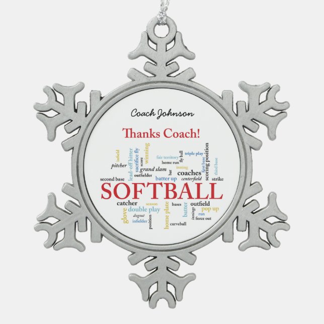 Thanks Softball Coach Words From Group, Team, Red Snowflake Pewter Christmas Ornament (Front)