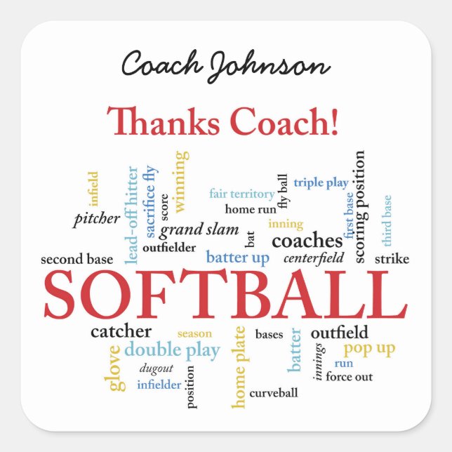 Thanks Softball Coach Words From Group, Team, Red Square Sticker (Front)