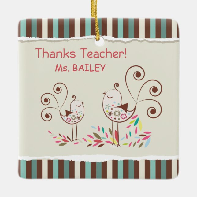 Thanks Teacher, Whimsical Bird Stripe Ceramic Ornament (Front)