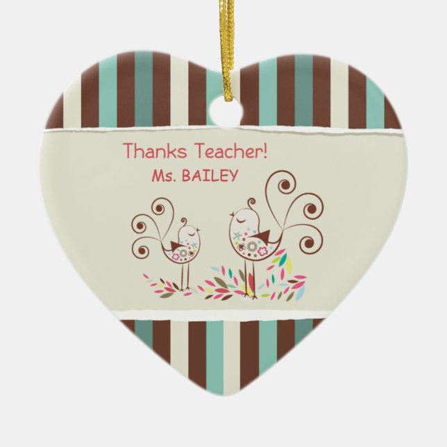 Thanks Teacher, Whimsical Bird Stripe Ceramic Tree Decoration (Front)