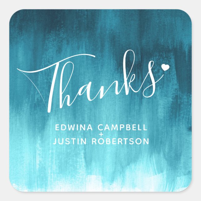 Thanks teal aqua watercolor wash wedding stickers (Front)