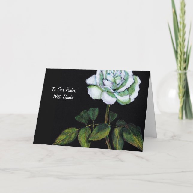 Thanks To Pastor: Single White Rose on Black Thank You Card (Front)
