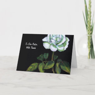 Thanks To Pastor: Single White Rose on Black Thank You Card