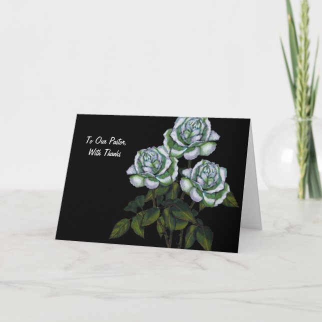 Thanks To Pastor: Three White Roses on Black Thank You Card (Front)