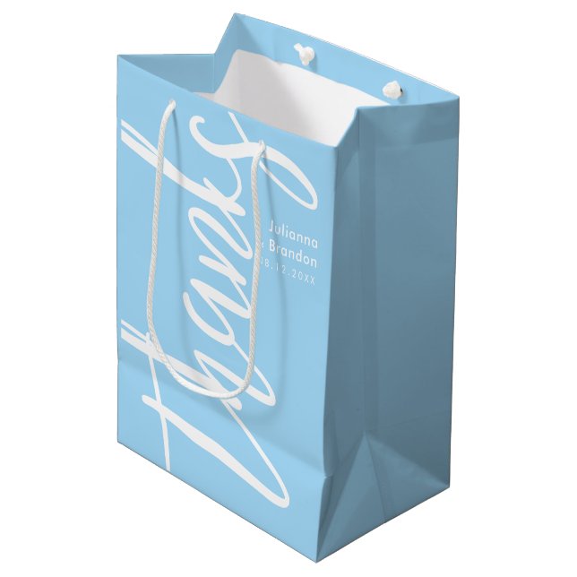 Thanks Typography Baby Blue and White Medium Gift Bag (Front Angled)