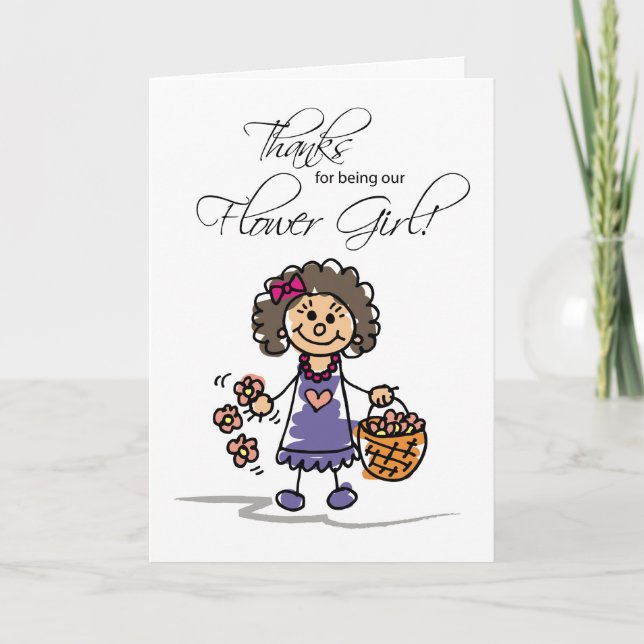 Thanks Wedding Flower Girl, Brunette Stick Figure Thank You Card (Front)