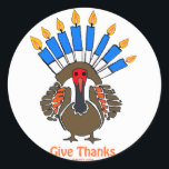 Thanksanukkah Thanksgivukkah  turkey menorah gift Classic Round Sticker<br><div class="desc">THIS TURKEY MENORAH IS A UNIQUE DESIGN ON A VARIETY OF CHANUKAH HANUKKAH GIFTS FOR THANKSGIVUKKAH 2013.  WEAR A THANKSANUKKAH SHIRT AND GIVE THE HOSTESS A SPECIAL APRON TO SHOW OFF HER AMERICAN JEWISH PRIDE.</div>