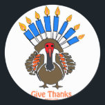 Thanksanukkah Thanksgivukkah  turkey menorah gift Classic Round Sticker<br><div class="desc">THIS TURKEY MENORAH IS A UNIQUE DESIGN ON A VARIETY OF CHANUKAH HANUKKAH GIFTS FOR THANKSGIVUKKAH 2013.  WEAR A THANKSANUKKAH SHIRT AND GIVE THE HOSTESS A SPECIAL APRON TO SHOW OFF HER AMERICAN JEWISH PRIDE.</div>