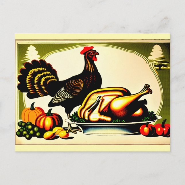 Thanksgiving 1910s Retro Turkey Before and After Holiday Postcard (Front)