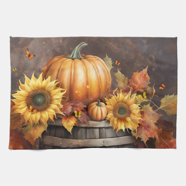 Thanksgiving Autumn Fall Foliage Leaves Tea Towel (Horizontal)