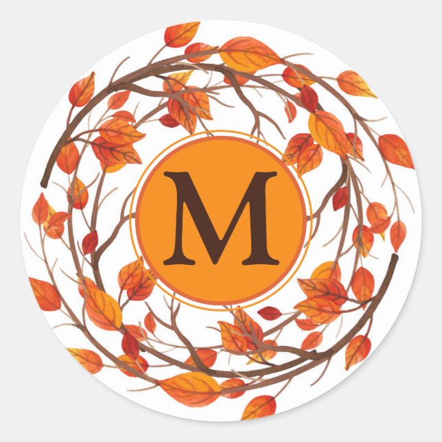 Thanksgiving Autumn Fall Foliage Wreath Monogram Classic Round Sticker (Front)