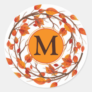 Thanksgiving Autumn Fall Foliage Wreath Monogram Classic Round Sticker