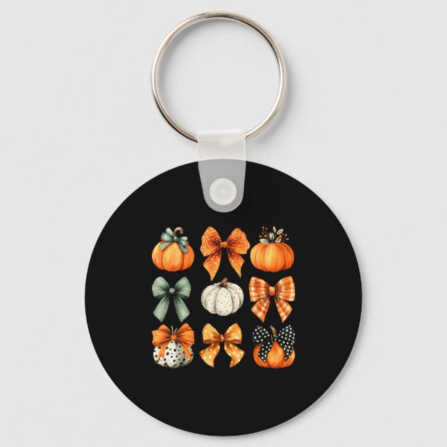Thanksgiving Autumn Fall Leaves Coquette Bow Pumpk Key Ring (Front)